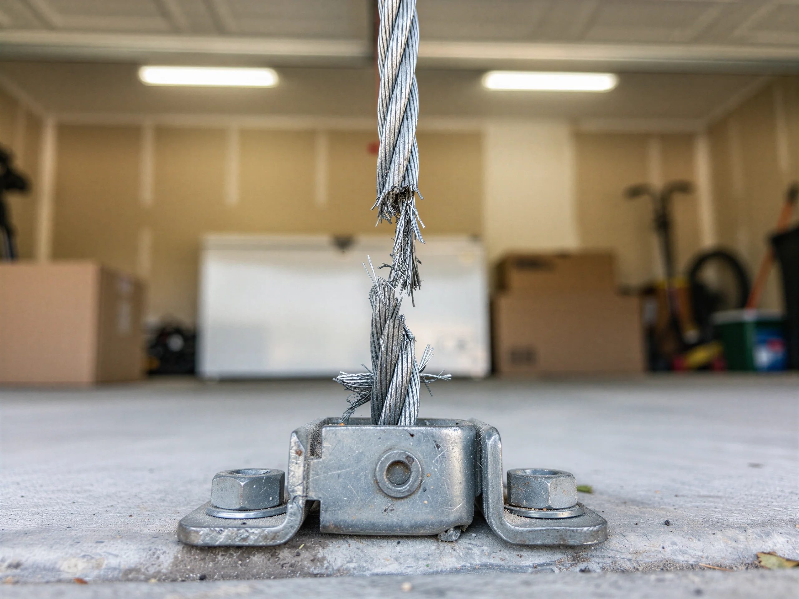 A frayed garage door cable is attached to a bracket on the concrete floor.