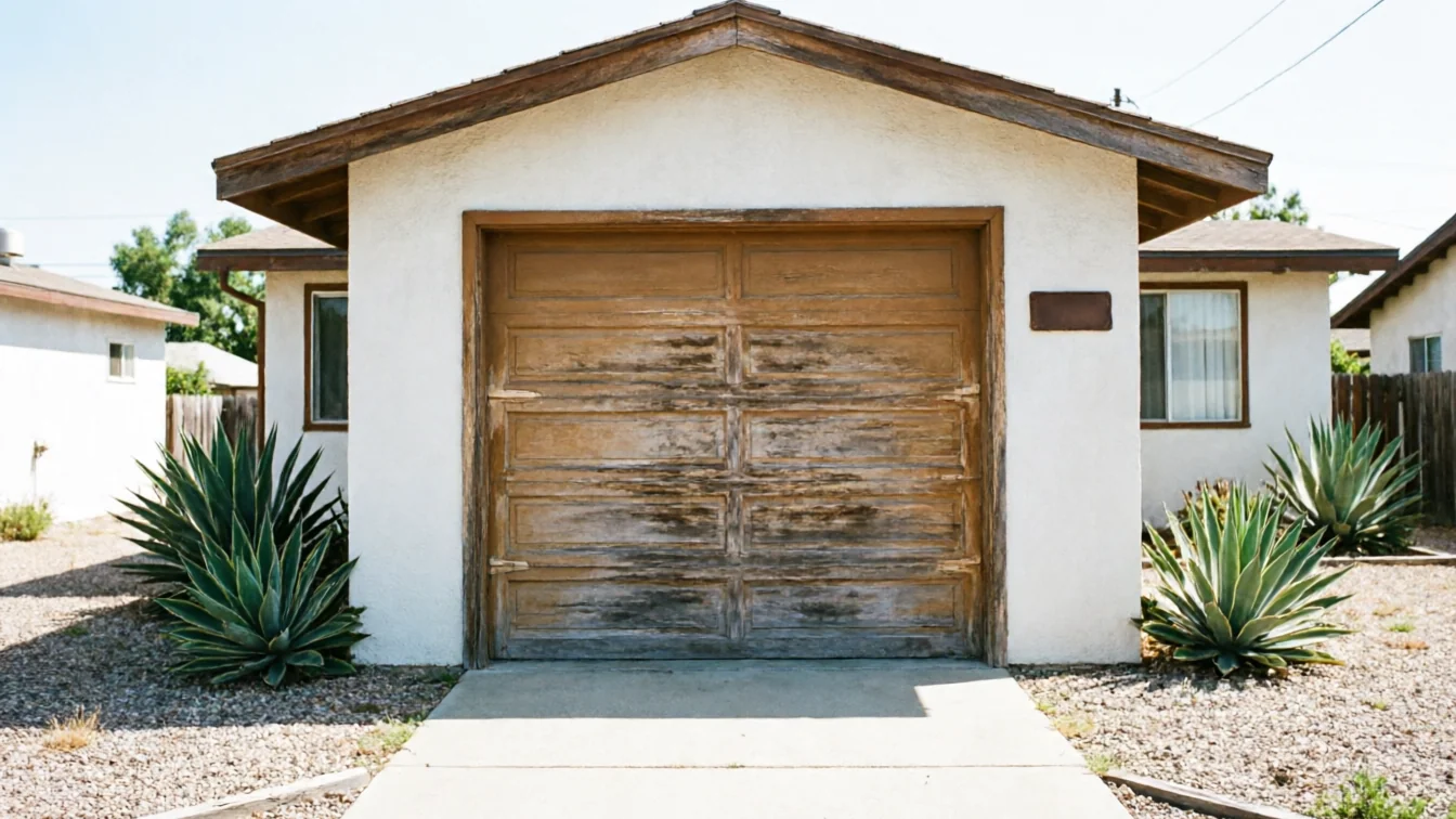 The house has a weathered wooden garage door and two agave plants.