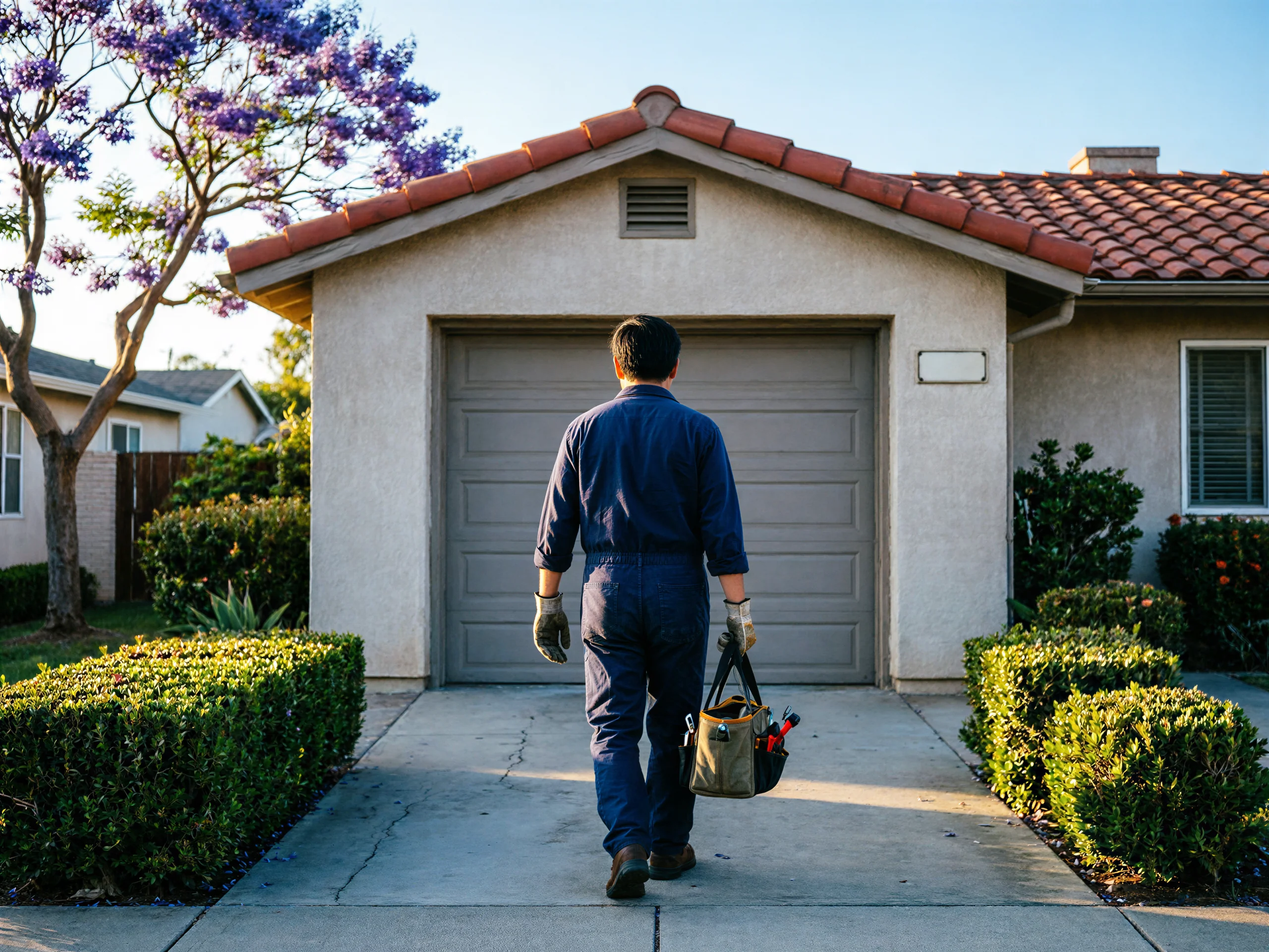 A technician in a blue uniform walks toward a house with a gray garage door.