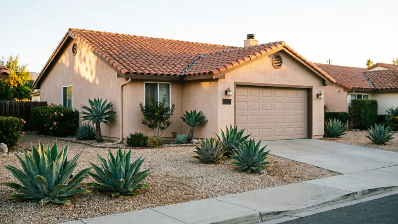 A tan house with a brown garage door and a tiled roof.