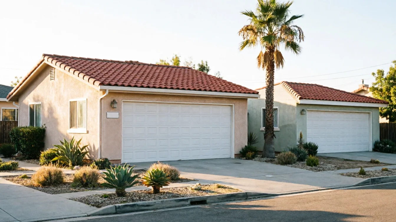 Two houses with white garage doors and red tile roofs stand side by side.